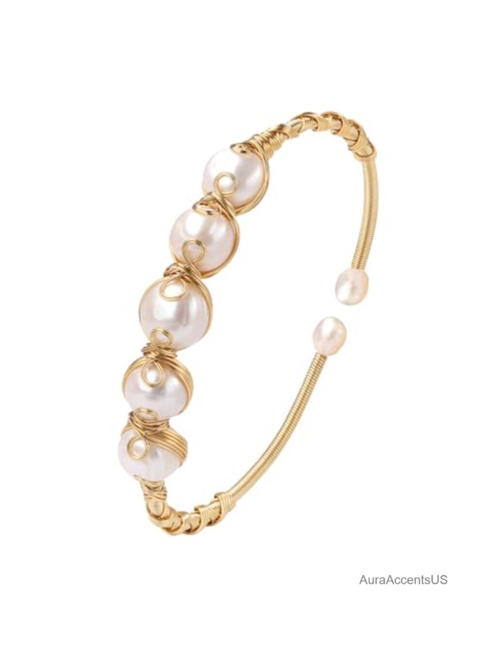 Natural Freshwater Pearls Bracelet 14K Gold Plated Bangle Adjustable